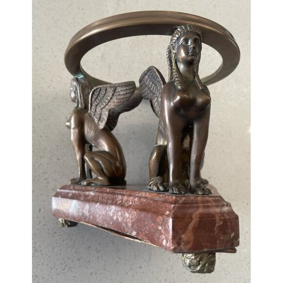 Winged Sphinx Egyptian Bronze Brass Statue Rare Marble Candle Holder Sculpture - Picture 3 of 16